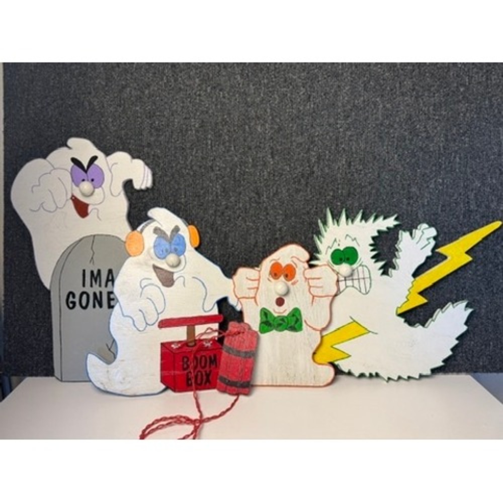 Handmade Cartoon Ghost Wooden Cutouts Halloween Decor Set of 4 GUC Vintage